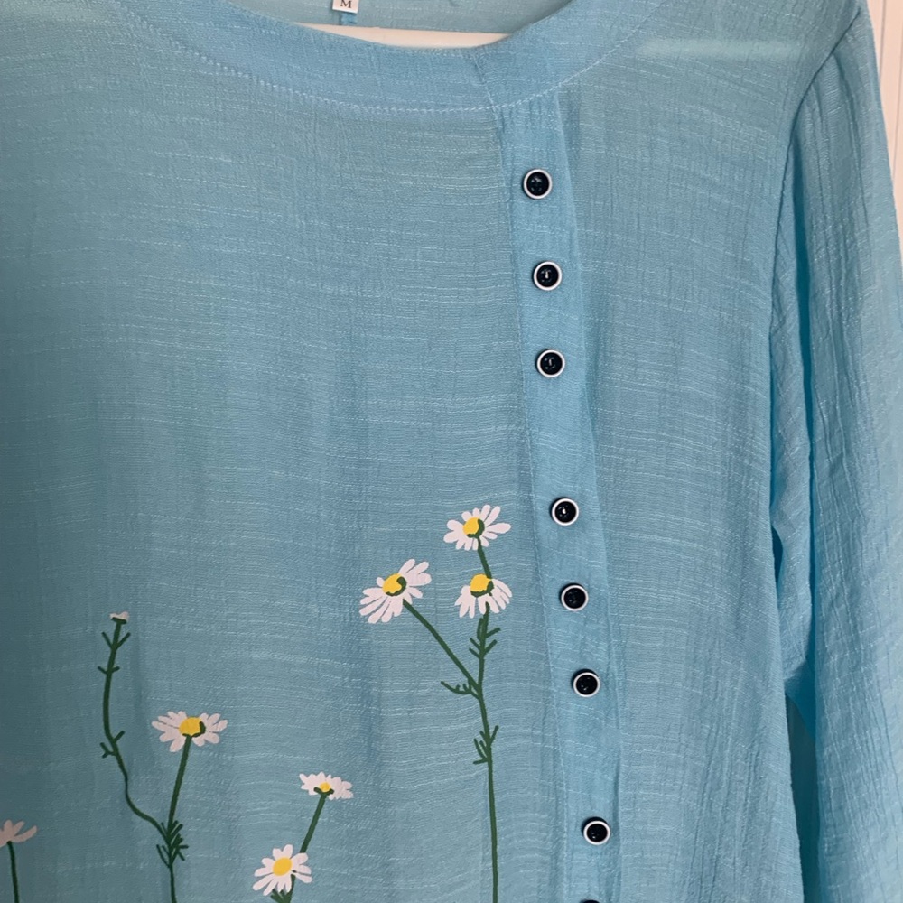 Blue Top Hand Painted With Daisies With Buttons Running Down Side Asymmetrical